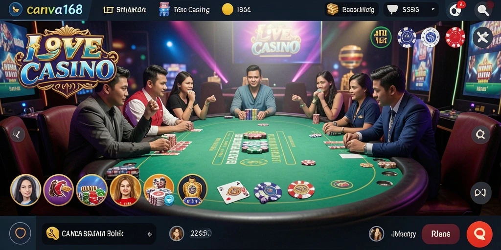Screenshot gameplay CANVA168 menampilkan dealer dan pemain berinteraksi di meja casino.